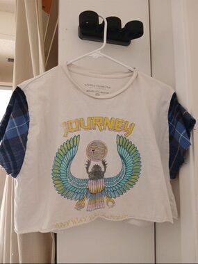 Graphic Crop Tee with Blue Plaid Sleeves